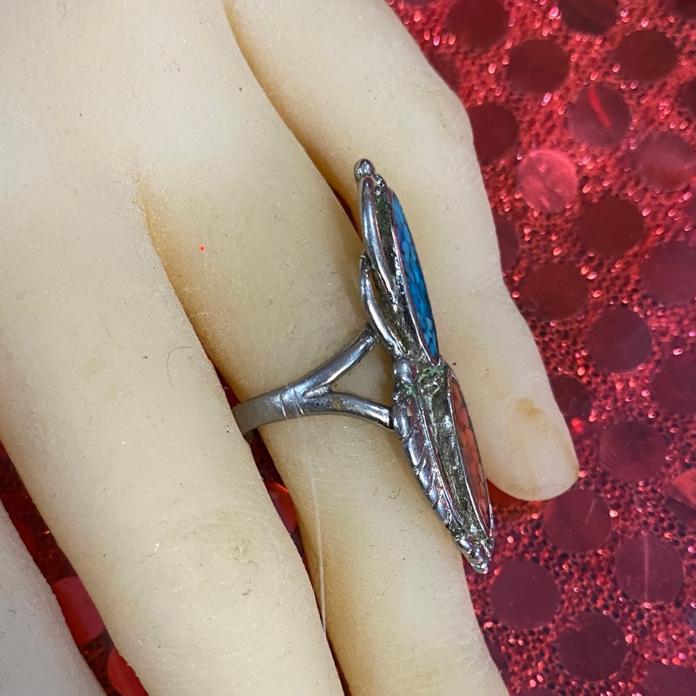 Vintage Turquoise and Coral Ring Sz 5-1/2 - Picture 2 of 5